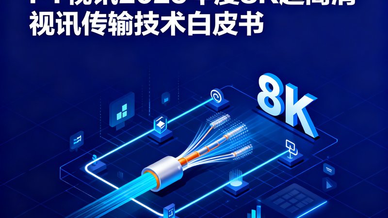 PT视讯2025年度8K超高清视讯传输技术白皮书封面，深蓝色背景上展示光纤传输技术示意图与8K标识。