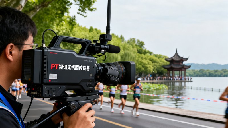 2024杭州国际马拉松赛事转播现场，摄像师操作搭载PT视讯无线图传设备的摄像机，背景为西湖景区赛道。