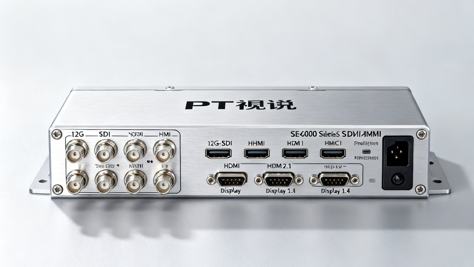 PT视讯SE-6000系列SDI/HDMI信号延长器产品图，展示丰富的背板接口包括12G-SDI、HDMI 2.1及DisplayPort 1.4端口。